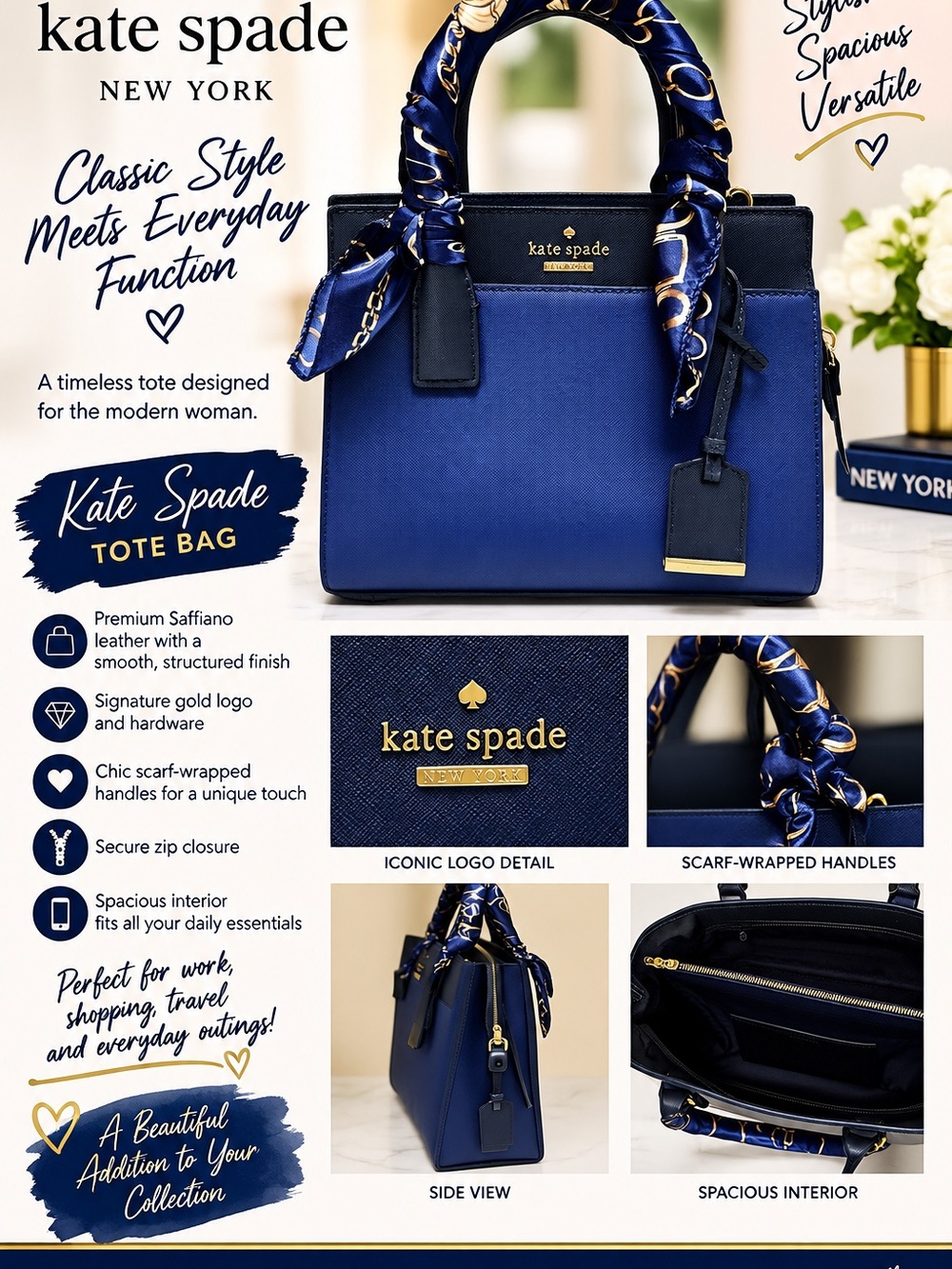kate spade navy and black Saffiano leather tote with scarf-wrapped handles
